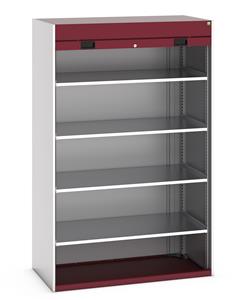 40201013.** Extra wide Bott cubio cupboard with lockable roller shutter door - 1300mm wide x 650mm deep x 2000mm high.   Ideal for areas with limited space for door opening, this cupboard is supplied with 4 x 100kg capacity shelves....